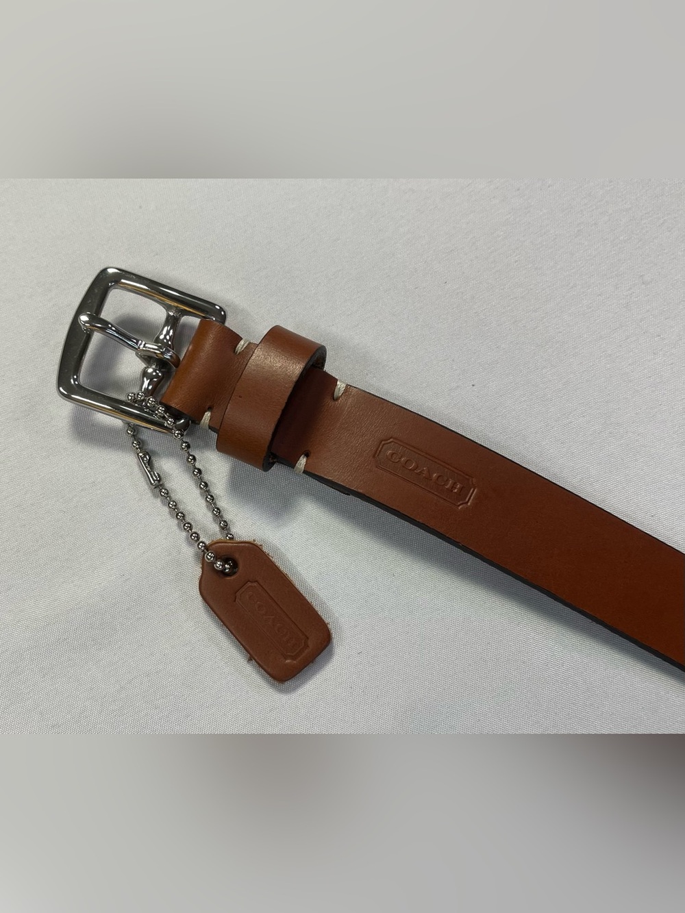 Coach Women’s Tan Brown Leather Belt Silver Hardware with Leather Hang Tag - S
